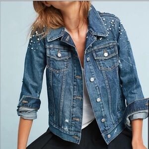Pilcro and the Letterpress Anthropologie embellished distressed denim jacket M